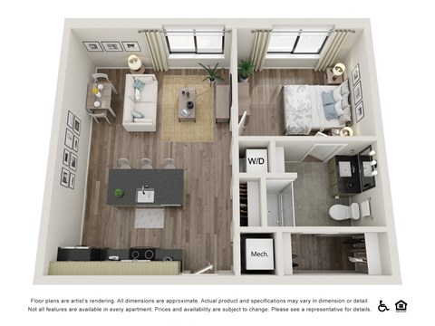 Floor plan for 1 bed, 1 bath, 614 sqft